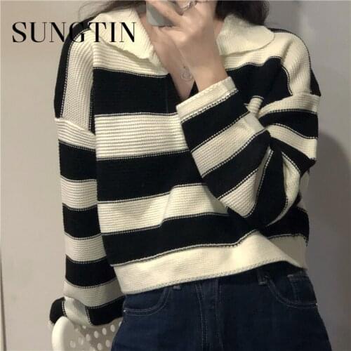 Sungtin Vintage V Neck Cropped Pullovers Stripe Women Short Knitted Sweater Casual Warm Loose Stripe Jumpers Korean Harajuku New