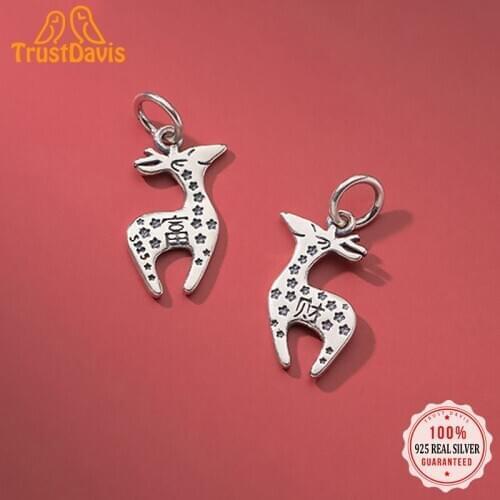 TrustDavis Real 925 Sterling Silver Fashion Retro Animal Sika Deer Charm Pendant Handmade DIY Accessories Jewelry Wholesale DZ96