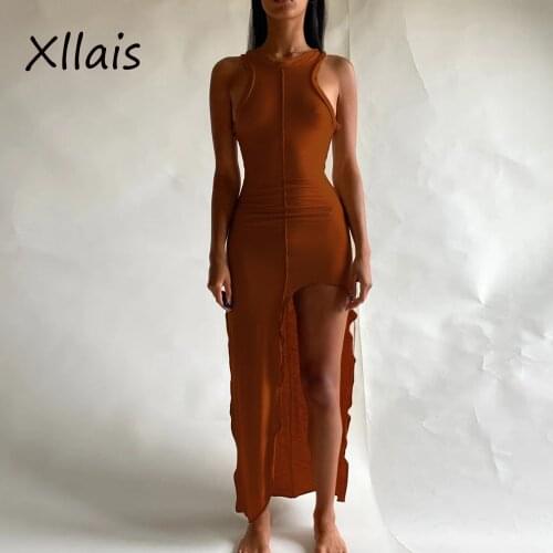 XLLAIS Summer Beach Holiday Tight Dresses Women Sexy Sleeveless Tank Split Vestidos Ladies Casual Stretchy Clothes Snug Tops