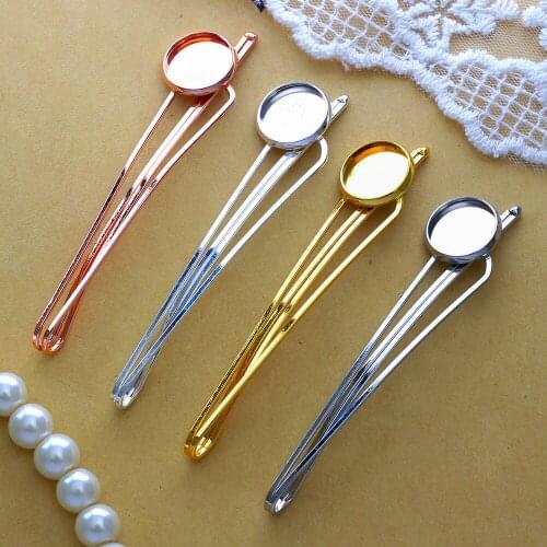 10pcs Fit 12mm Cabochon Base Hairpin Settings Silver Rose Gold White K Color Plated Round Cameo Clips Blank Tray Model 88