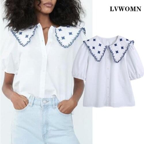 LVWOMN Za Blouses Women 2021 Summer Embroidered Lapel Poplin Long Sleeve Top Women Clothing Chic Casual Button Female Shirt