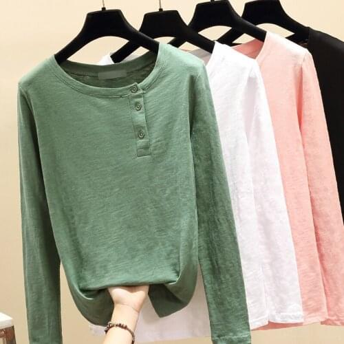 2021 Women Spring Fall Casual T-Shirt Fashion Korea Round Neck T shirt Cotton Long Sleeve Tops Pink Green White Plus Size