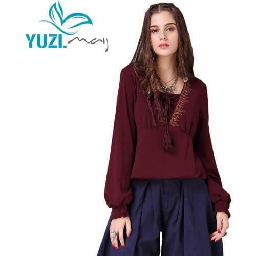 Female T-shirt 2018 Yuzi.may Boho New Cotton Spandex Tops V-Neck Vintage Embroidery Lantern Sleeve Loose Women t shirts B9237
