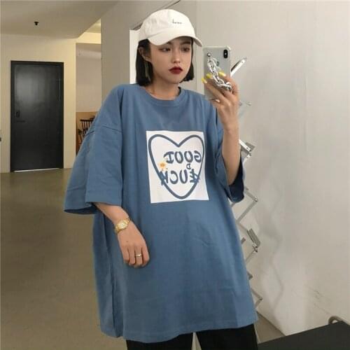 Cotton 2021 summer new wild letter love printing Harajuku tide short-sleeved womens T-shirt loose large size round neck