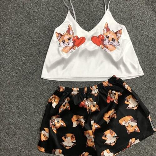 Women Animal Cartoon Printed Soft Slik Sleepwear Tops Vest Shorts Set Pyjamas Women Spaghetti Strap Loose Pijama Satin Femme