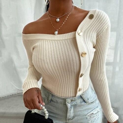 Women Autumn One Shoulder Pullovers Knitted Sweaters Winter Casual Bodycon Sweater Tops Female Long Sleeve Solid Tops Jumpers