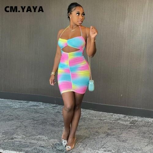 CM.YAYA Women Mini Dress Print Spaghetti Strap Halter Hollow Out Sheath Elastic Dresses Sexy Night Club Party Outfit Summer 2021