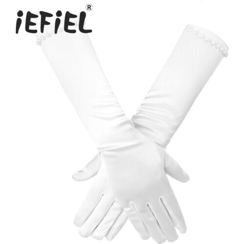 1 Pair Kids Flower Girls Classic White Pearls Long White Wedding Dress Beading Gloves for Formal Wedding Pageant Party Props