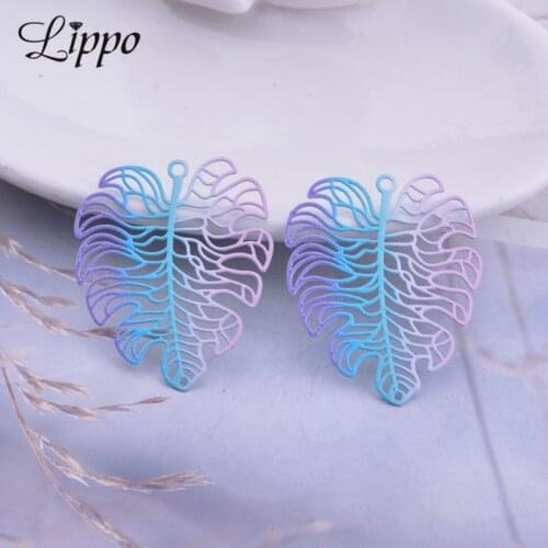 12pcs AB5600 29mm*37mm Colorful Filigree Monstera Leaves Connectors Charms For Making Earrings