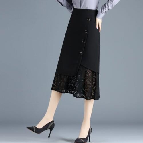 2021 Spring Summer New Buttons High Waist Black Patchwork Lace Embroidered Print Slim Midi Skirt Women Plus Size 5XL Y410