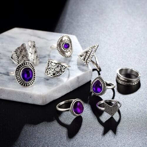 9PCS Vintage Purple Crystals Ring Band Kit Midi Knuckle Finger Ring Set F3MF