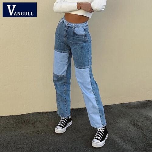 Vangull Blue Patchwork Denim trousers Womans 2020 High Waist Pocket Straight Boyfriend Classic Fashion Streetwear Pants Female