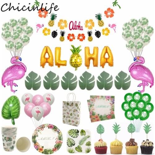 Chicinlife Flamingo Aloha Palm Leaf Balloon Cupcake Topper Disposable Tableware Wedding Hawaiian Tropical Summer Party Supplies