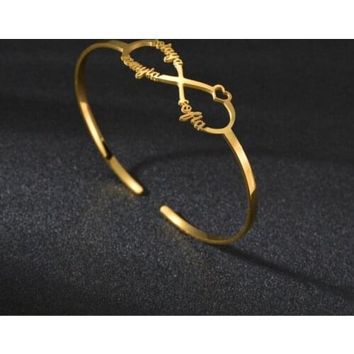 HUHUI Custom Name Infinity Bangle Personalized Stainless Steel Open Adjustable Handmade Women Unisex Jewelry Anniversary Gift