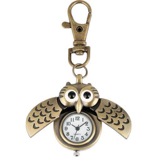 Cute Owl Key Chain Ring Pocket Watch for Women Simple White Dial with Arabic Numerals Clock Men Bronze Accessory Gift zakhorloge