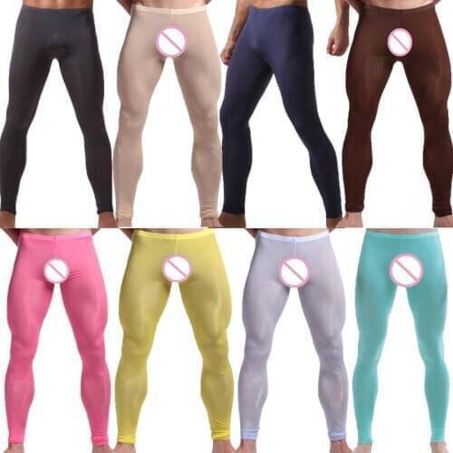 Mens Sleep Bottoms Sexy Ice Silk Ultra-thin Pants Sleepwear Loungewear Fitness Long Johns Trousers Slip Homme Gay Underwear 2XL