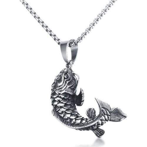Mens Goldfish Hooked 3D Koi Fish Pendant Necklace in Stainless Steel Mythical Ocean Jewelry Collares Collier Colar