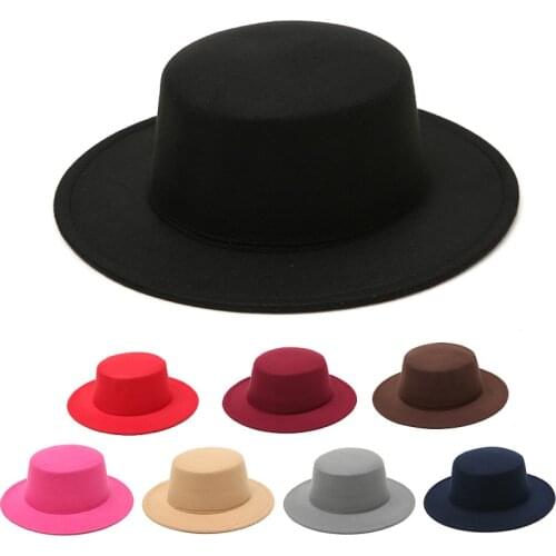 Flat Top Fedora Hats for Women Solid Color Imitation Wool Jazz Cap Wide Brim Ladies Elegant Round Caps Bowler Hats