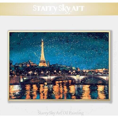 Artist Pure Hand-painted High Quality Modern Wall Art Paris and New York Night Oil Painting on Canvas Night Scene Oil Painting