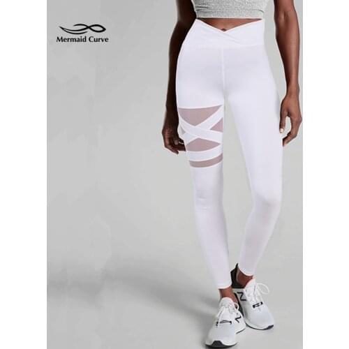 Sexy Waist V-Shaped Cross Fitness Leggings Women Workout Breathable Net Yarn Patchwork Running Training Leggins Slim Yoga Pants