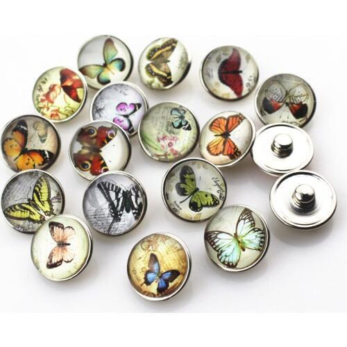 Mix Random 50 pcs/lot Butterfly Glass Snap Buttons for Snap Bracelet 18mm DIY Jewelry