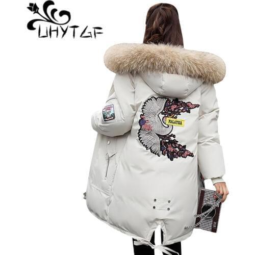 UHYTGF Warm Oversize Winter Jacket Women Down Cotton Jacket Animal Embroidery Long Coat Loose Thick Big fur collar Hoodies Coat