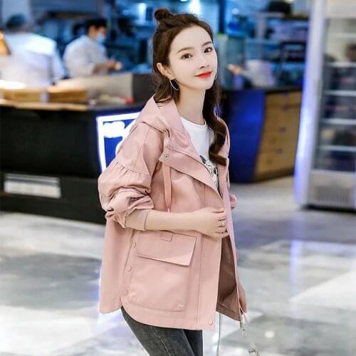 Womens Trench Coat Loose Korean Casual Tops Female Short Windbreaker Spring Autumn Hooded Tooling Basic Outwear Overcoat Women