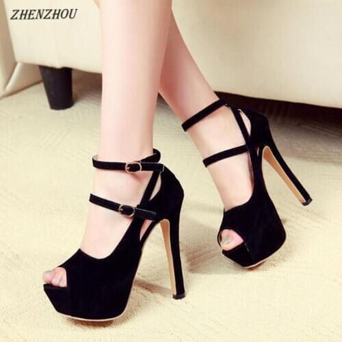 2019 Pumps shoes Women Super high heel 14CM stiletto sandals summer sexy OL nightclub cross straps suede fish mouth shoes