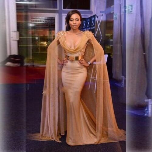 African Style Evening Gown Scoop Short Sleeve Mermaid Floor Length Long Evening Dress Applique Belt Evening Dresses With Wrap