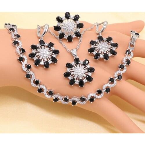 XUTAAYI Silver Wedding Jewelry Sets For Women Flower Shape Black Zircon Bracelet Earrings Necklace Pendant Ring Gift Box