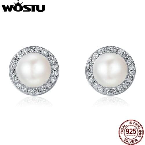 WOSTU 925 Sterling Silver Classic Round Sparking CZ Freshwater Pearl Stud Earrings For Women Luxury Original Jewelry CQE122