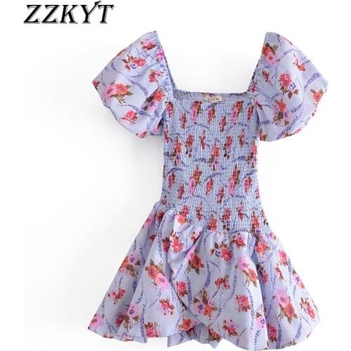 ZZKYT 2021 Women Summer Fashion Chic Floral Print Mini Dress Vintage Square Collar Puff Sleeve Party Female Dresses Vestidos