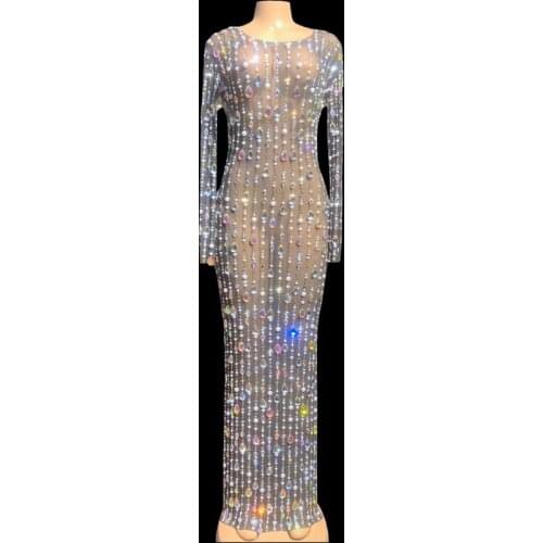 Women Rhinestones Pearls Mesh Dress Birthday Evening Celebrate Party Long Dress Nightclub Outfit Stage Costume Sexy Dresses