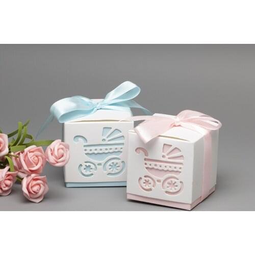 10pcs Wedding Party Supplies Baby Cart Shape Candy Box Birthday Party Baby Shower Decoration Boxes Ribbon Paper Gift Box