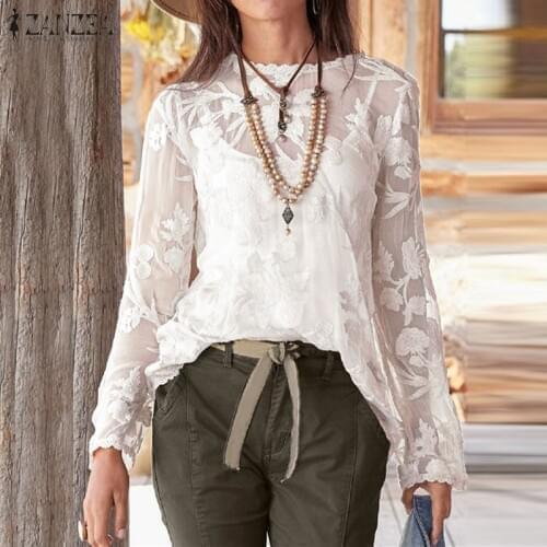2021 Summer Sexy Crochet O Neck Blouse Women Fashion Elegant Hollow Tops Vests ZANZEA Casual Floral Mesh Blusa Plus Size Chemise