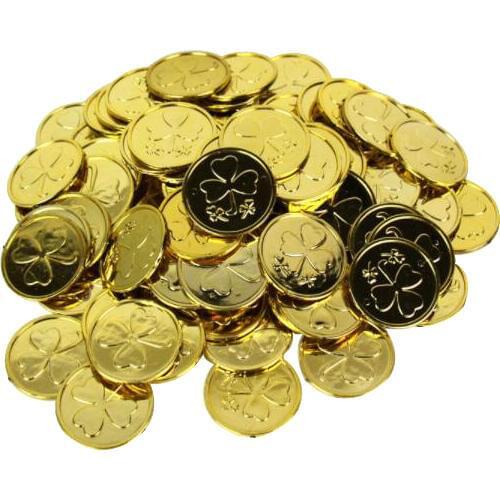 Freeship cool 100pc plastic clover gold green coins props toys for kids Saint st. patricks day party favor cosplay hours fun