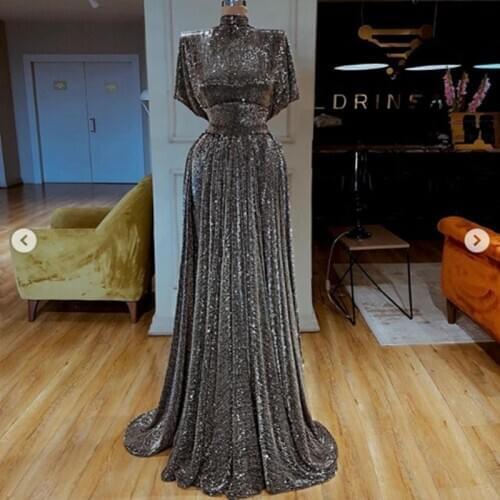 Shiny Sequined A-line Evening Dress 2020 High Neck Padded Shoulder Prom Dresses Custom Made Elegant Formal Prom dresses