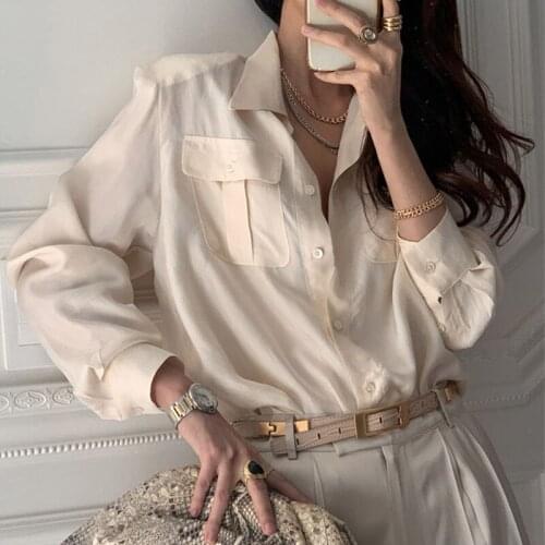 ZCSMLL blue tops Korea spring summer lapel single-breasted casual versatile pocket long-sleeved loose shirt women 2021