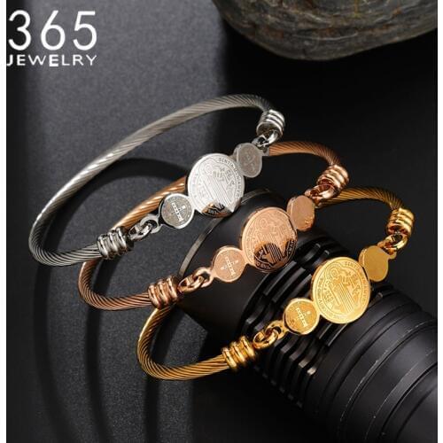 Religion Catholicism San Benito Rosary Bracelet Women Stainless steel Open Cuff Bracelet Christian Jewelry Gift