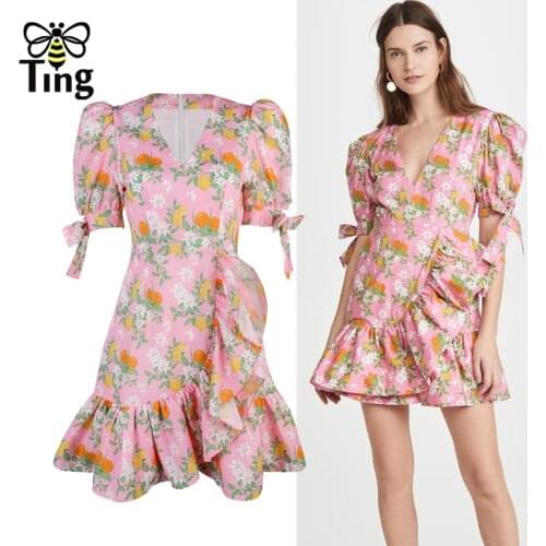 Tingfly Designer Summer Fashion Ruffles Pull Sleeve Mini Short Dress Women Casual Paris Street Chic Pink Floral Dress Elbise Za