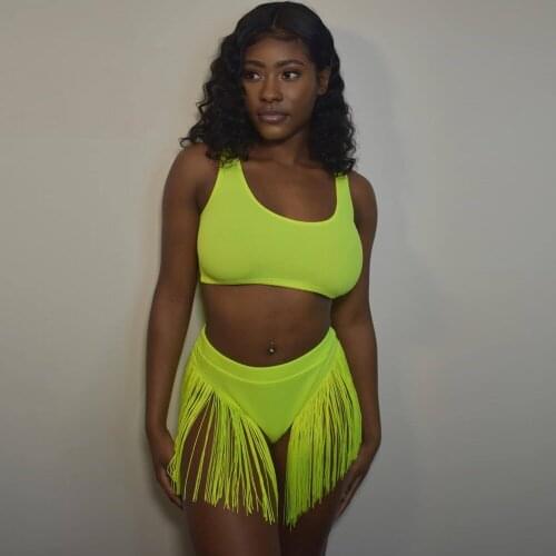 Fluorescence Green Fitness Two Piece Bikini Set Summer Vacation Outfits Sleeveless Slim Fit Tank Top and Tassel Biker Shorts