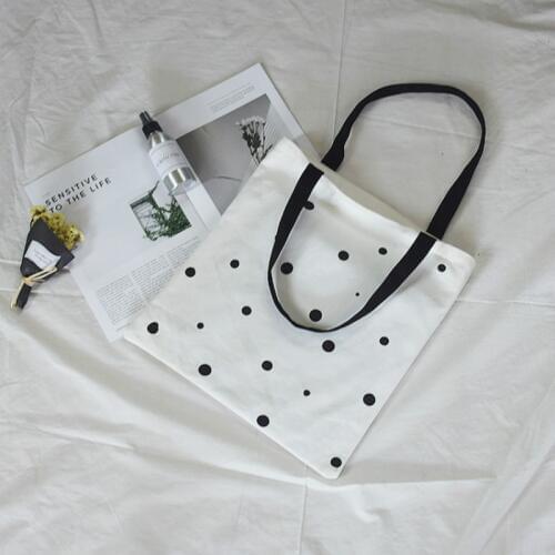 Dot Print Canvas Shopping Bags Zipper Foldable Single Shoulder Eco Reusable Shopper Tote Bag Travel Portable Storage Bag