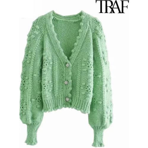 TRAF Women Fashion With Gem Buttons Pompom Detail Knit Cardigan Sweater Vintage Long Sleeve Female Outerwear Chic Tops