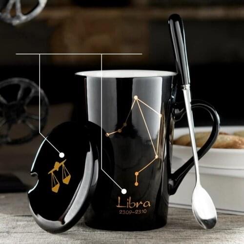12 Constellation Creative Coffee Cup Ceramic Mug with Spoon Cover Black Mug Ceramic Zodiac Milk Coffee Couple Ceramic Cup