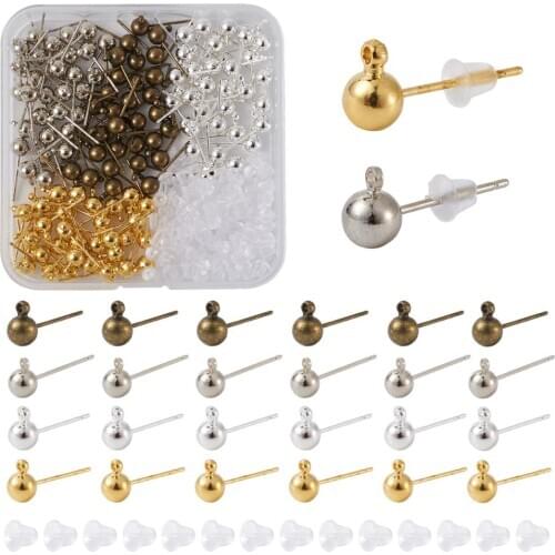 120pcs/box Brass Ball Post Stud Earring Jewelry Findings Accessories with Loop Plastic Ear Nuts for Earring DIY making Mix Color