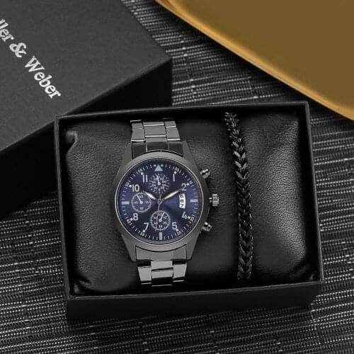 2021 Luxury Men Stainless Steel Band Quartz Watch with Black Bracelet 2 Pcs Gifts Set Male Luminous Calendar Wristwatch with Box