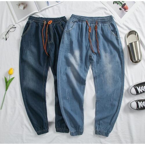 Mens Cowboy Leisure Drawstring Casual Pants Holes Tide Stretch Slim Fit Cargo Pocket Skinny Jeans Blue Biker Denim Trousers