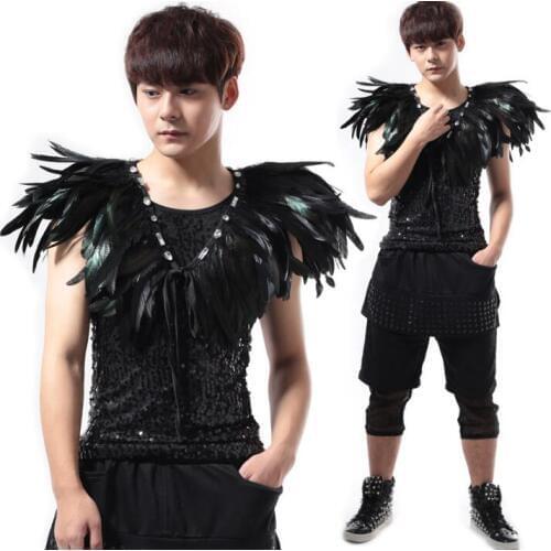 Original colete masculino men feather vest punk clothing hombre personalized singer dance stage street star style dress black