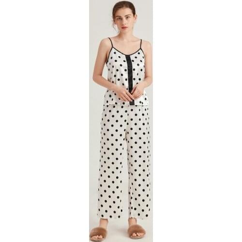 Women Polka Dot Pajamas Sets 2PCS Sexy Strap Top Vest&Pant Pyjamas Rayon Sleep Suit Sleepwear Nightwear Summer Lounge Home Wear