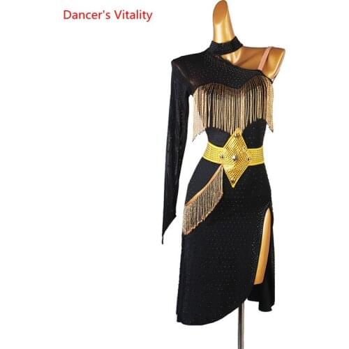 Latin Dance Dress Full Diamond Skirt Mesh Long Sleeve Performance Clothes High-End Custom Adult Child Competition Clothing
